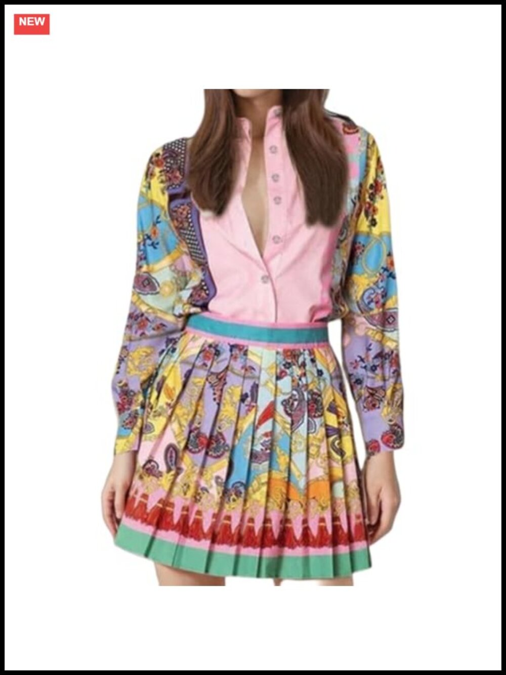Two Piece Skirt Set Printed Long-Sleeve Shirt Pleated Skirt Vacation Outfits
